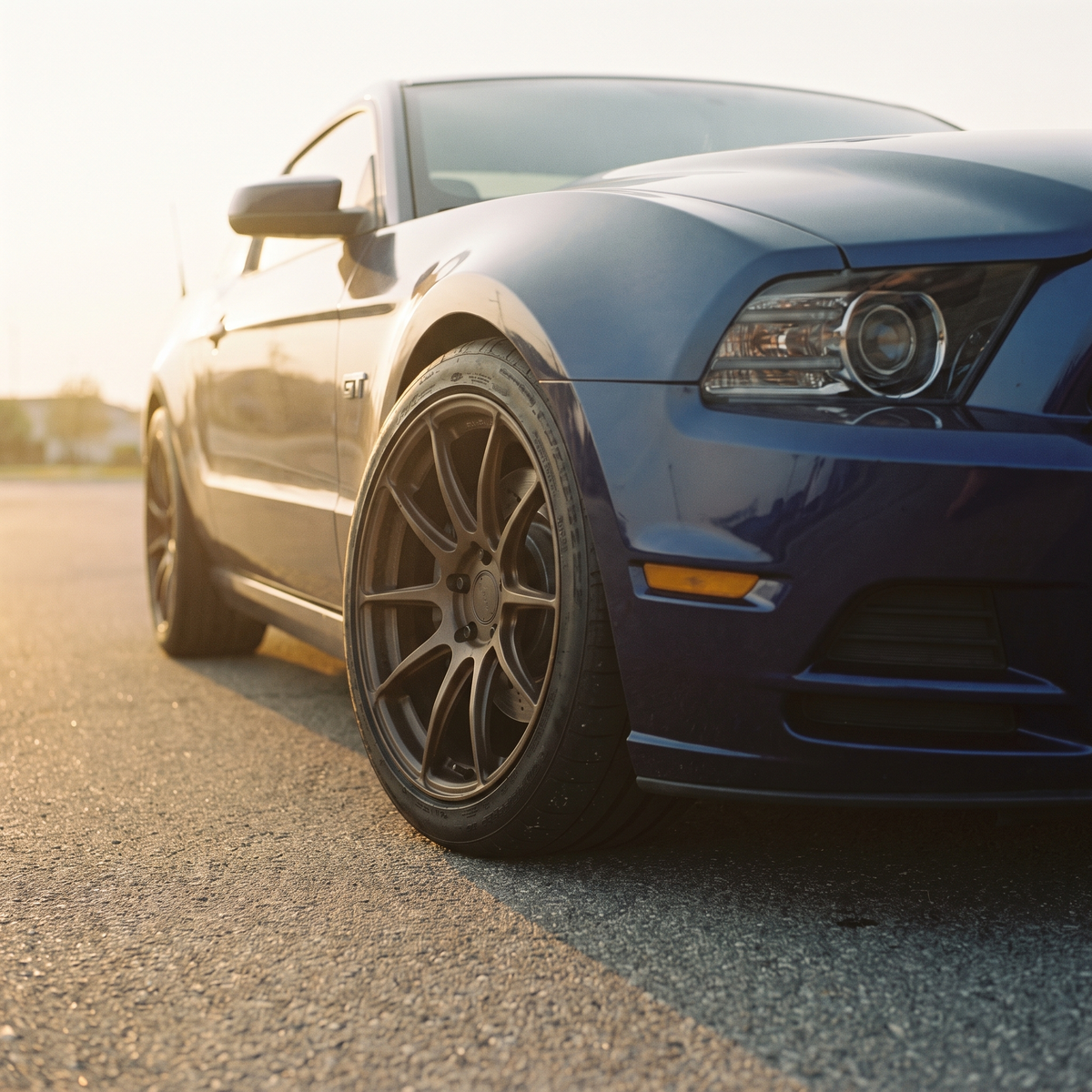 Blue 2011-2014 S197 Ford Mustang GT on a premium forged wheel at golden hour