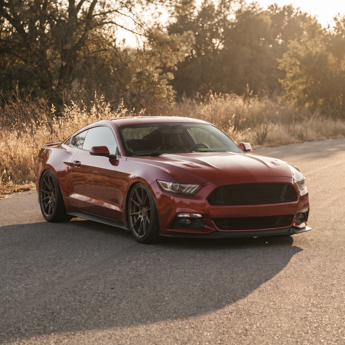 Red 2015-2023 S550 Ford Mustang GT lowered on lowering springs at golden hour