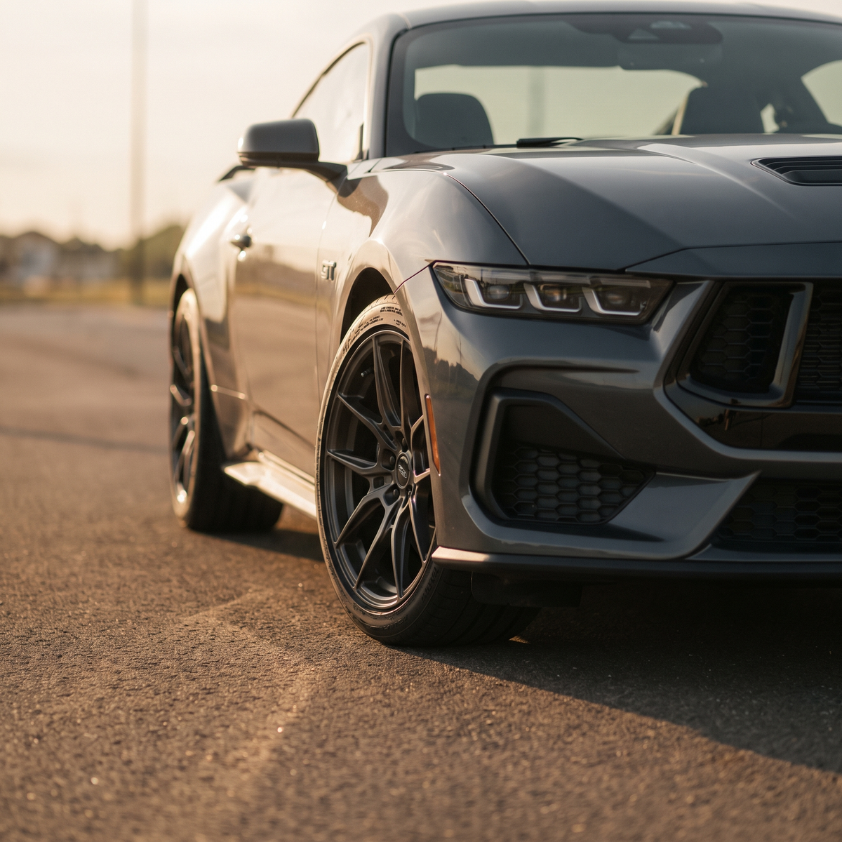Gunmetal 2024+ S650 Ford Mustang GT on a premium forged wheel at golden hour