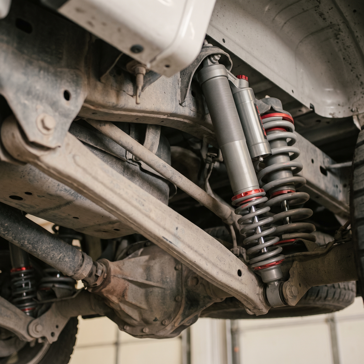 Aftermarket performance shock installed under a 2015-2020 Ford F-150