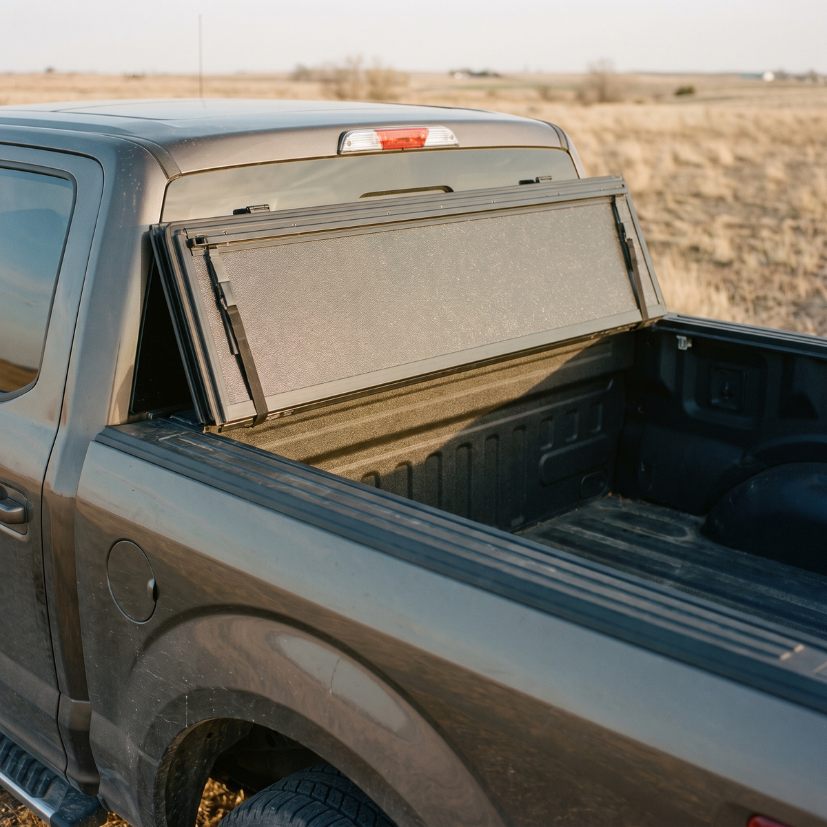 Hard folding tonneau cover on a 2015-2020 Ford F-150 bed