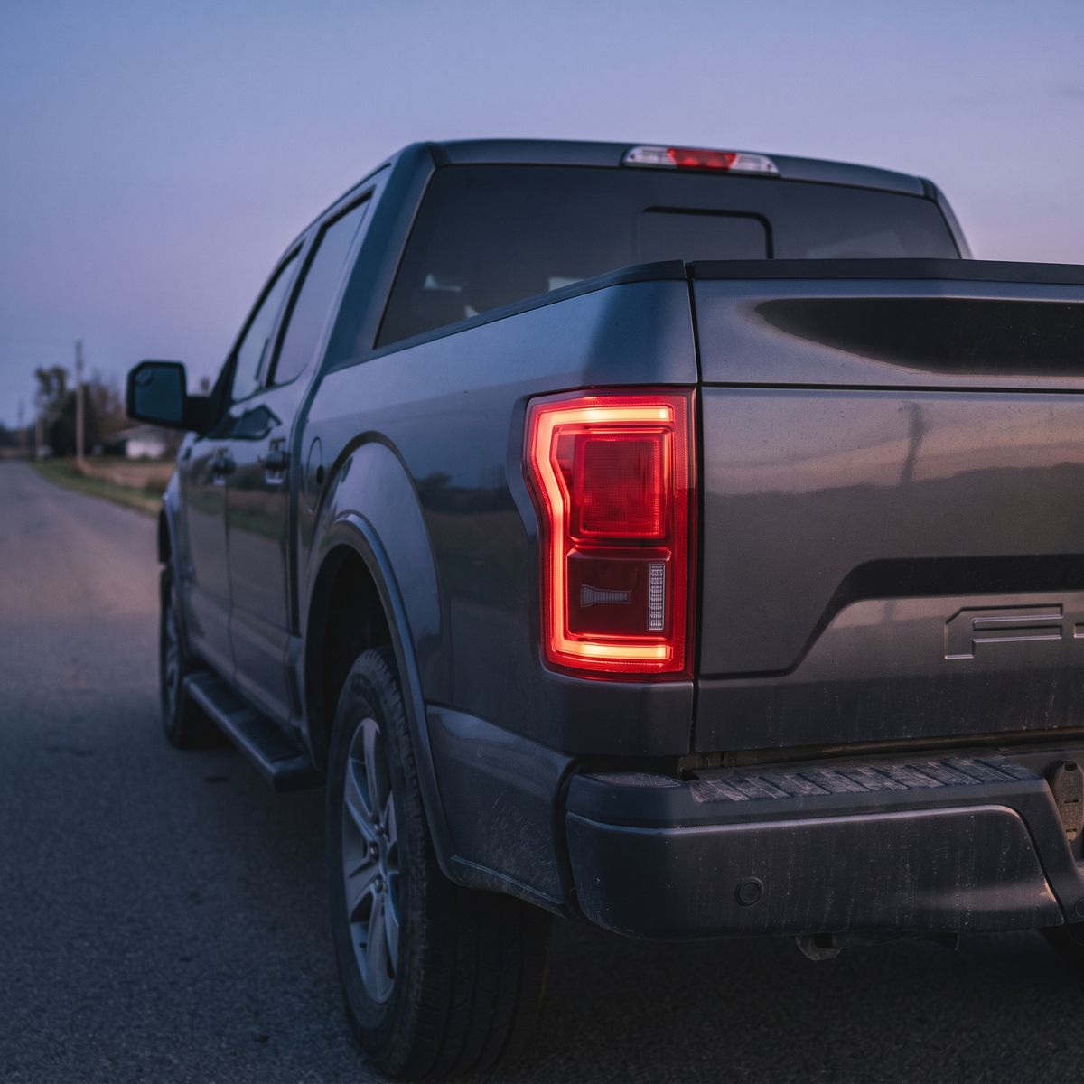 LED tail lights lit on the rear of a 2015-2020 Ford F-150 at dusk