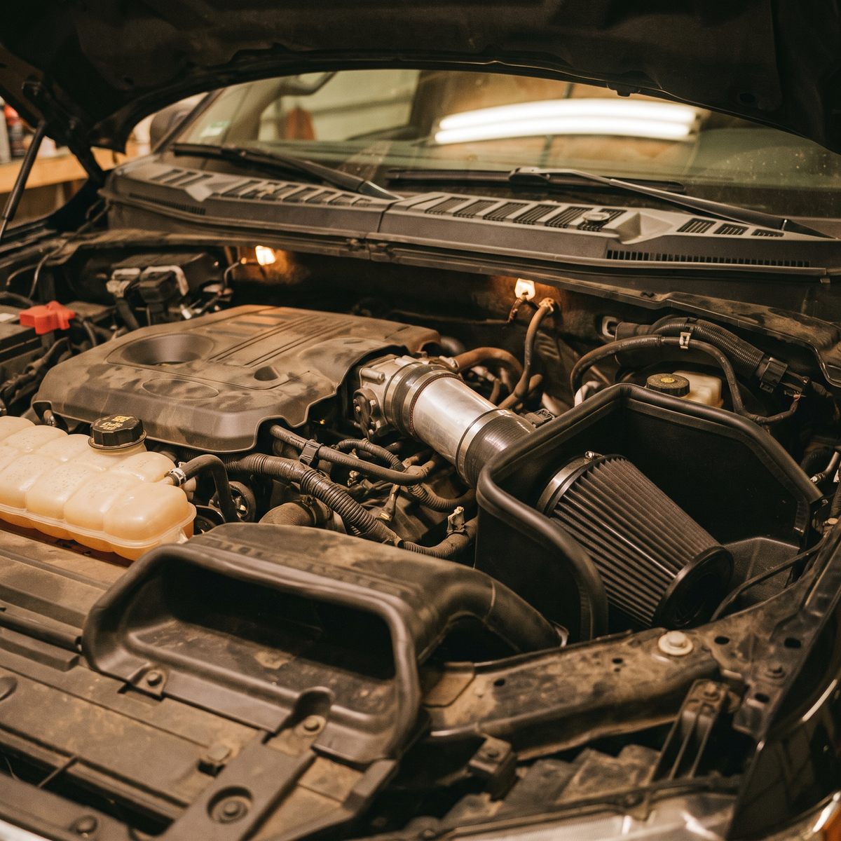 2021+ Ford F-150 EcoBoost engine bay with an aftermarket cold air intake