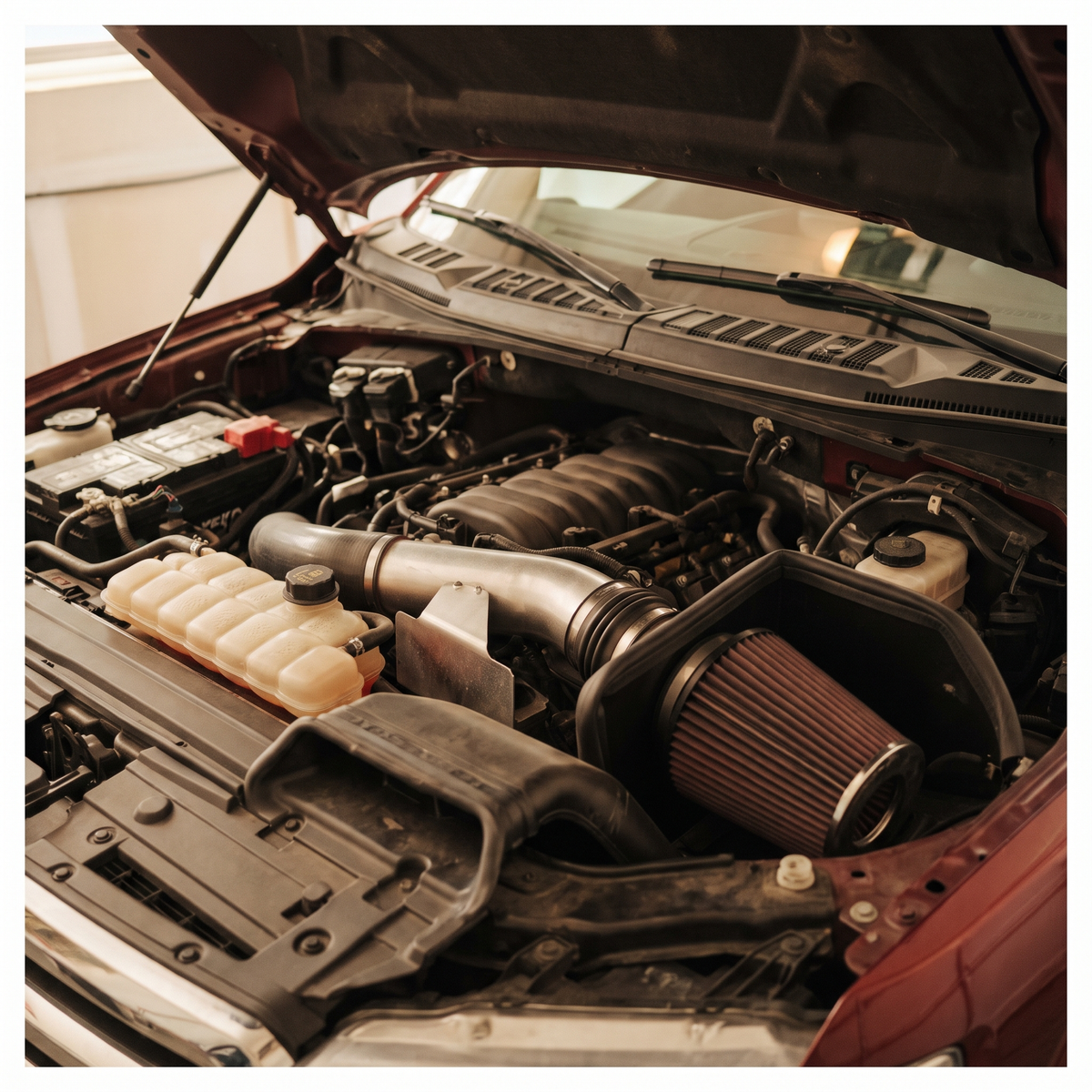 2015-2020 Ford F-150 engine bay with an aftermarket cold air intake