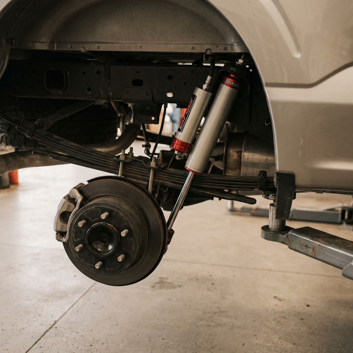 Aftermarket performance shock installed under a 2021+ Ford F-150