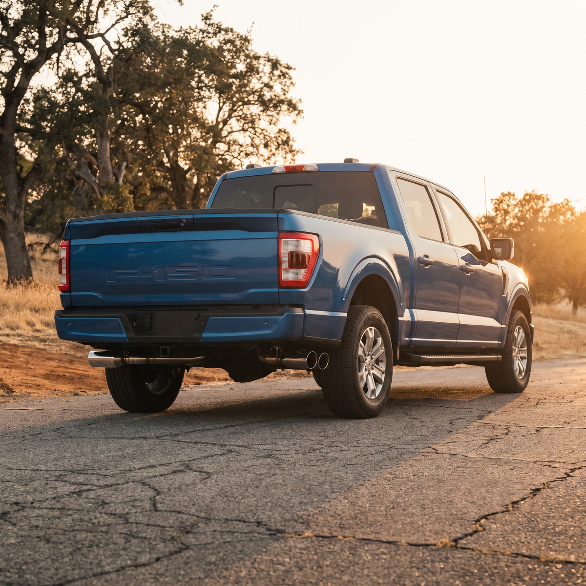 Blue 2021+ Ford F-150 with a cat-back exhaust at golden hour