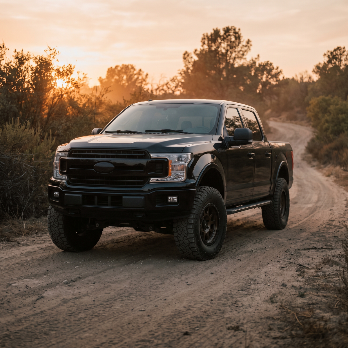 Lifted black 2015-2020 Ford F-150 on a suspension lift and all-terrain tires on a trail