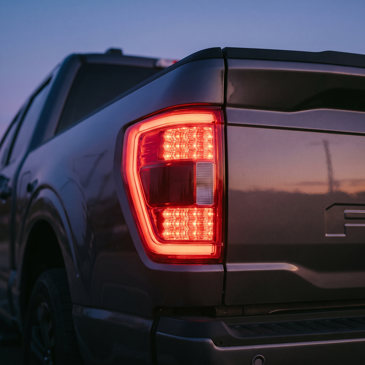LED tail lights lit on the rear of a 2021+ Ford F-150 at dusk