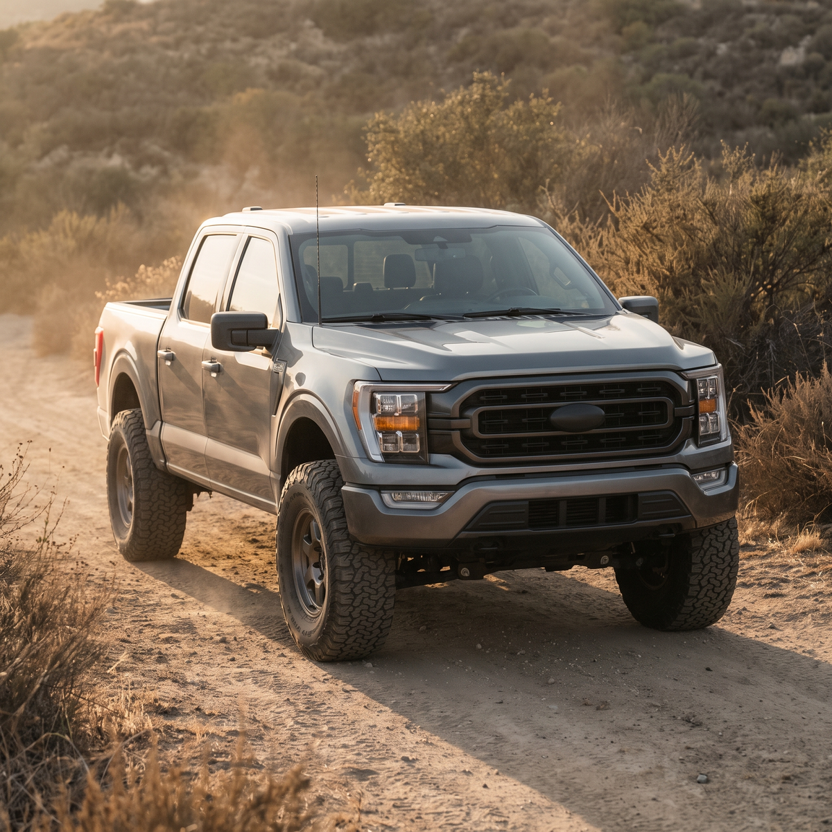 Lifted grey 2021+ Ford F-150 on a suspension lift and all-terrain tires on a trail
