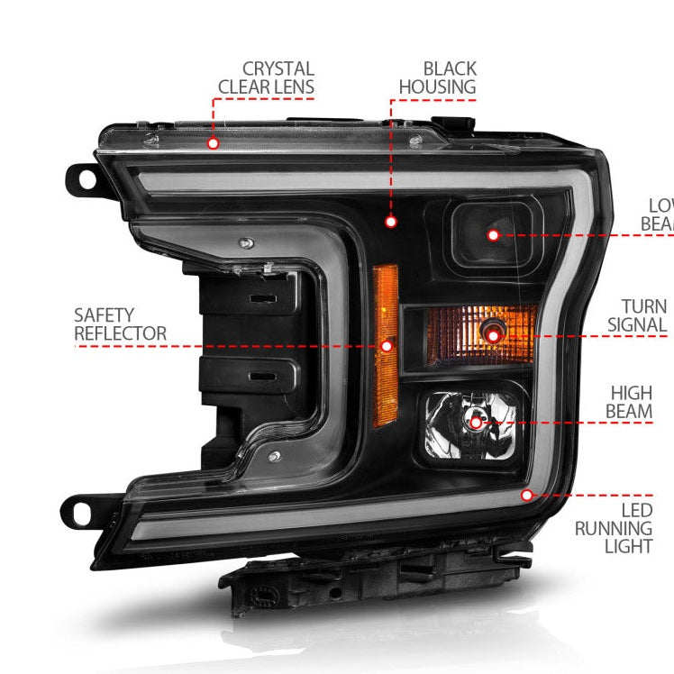 ANZO ANZO 2018-2020 Ford F-150 Projector Headlight w/ Plank Style Switchback Black Housing