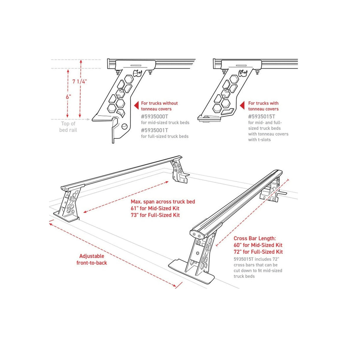 Go Rhino Go Rhino 15-22 Ford F-150 / 07-21 Toy. Tundra XRS Cross Bars Kit - Tex Blk (Attch Tonneau Cvr T-Trk)