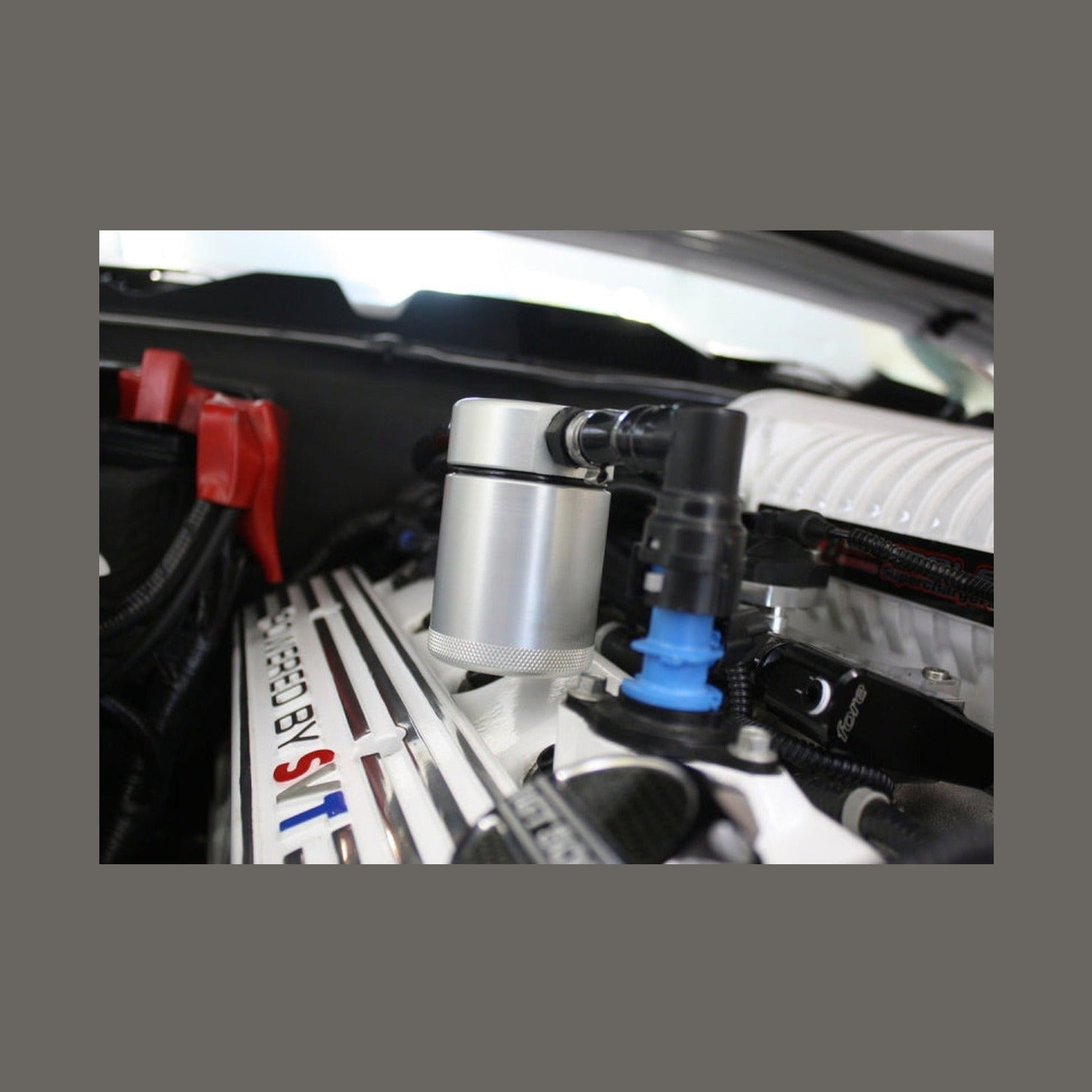 J&L J&L 07-14 Ford Mustang GT500 Passenger Side Oil Separator 3.0 - Clear Anodized, installed