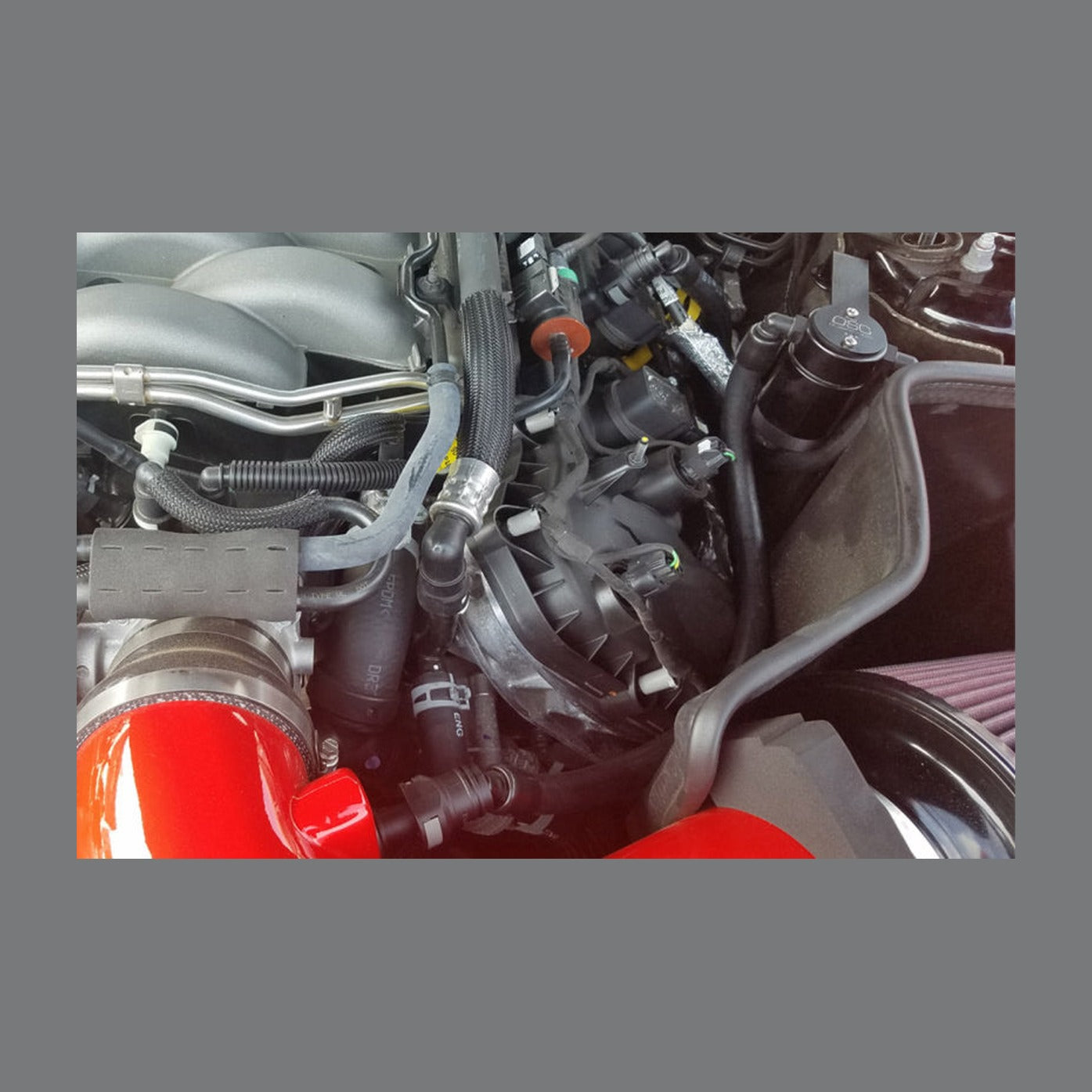 J&L J&L 2018-2023 Ford Mustang GT Driver Side Oil Separator 3.0 - Black Anodized, installed