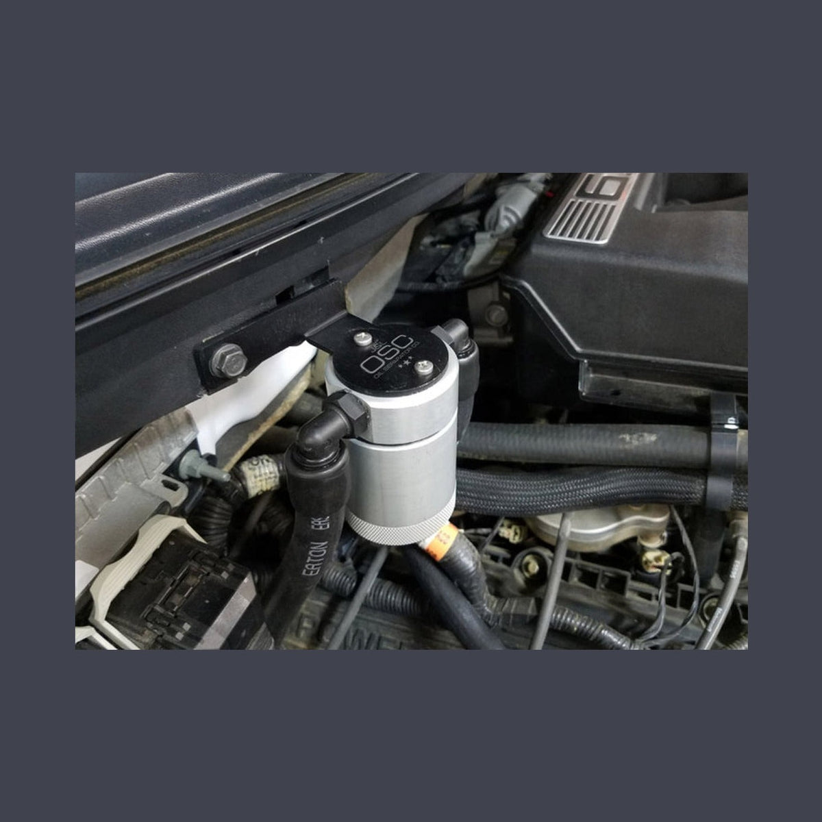 J&L J&L 11-14 Ford F-150/Ford F-150 Raptor 6.2L Passenger Side Oil Separator 3.0 - Clear Anodized, installed
