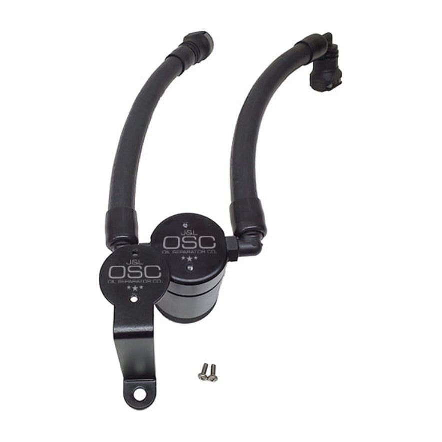 J&L J&L 07-14 Ford Mustang GT500 Oil Separator 3.0 Passenger Side (Remote Mount) - Black Anodized, installed