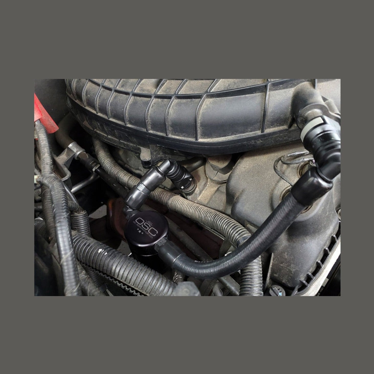 J&L J&L 11-17 Ford Mustang V6 Passenger Side Oil Separator 3.0 V2 - Black Anodized, installed