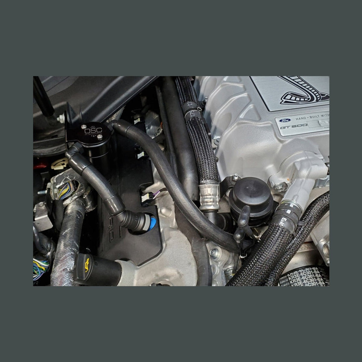 J&L J&L 2020-2022 Ford Mustang GT500 Passenger Side Oil Separator 3.0 - Black Anodized, installed