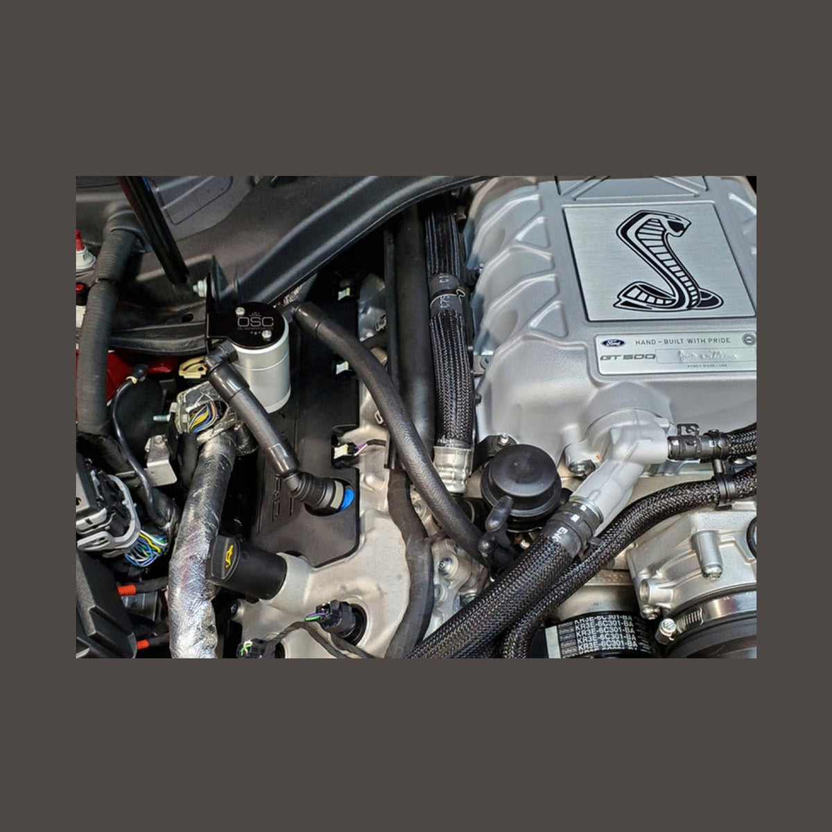 J&L J&L 2020-2022 Ford Mustang GT500 Passenger Side Oil Separator 3.0 - Clear Anodized, installed