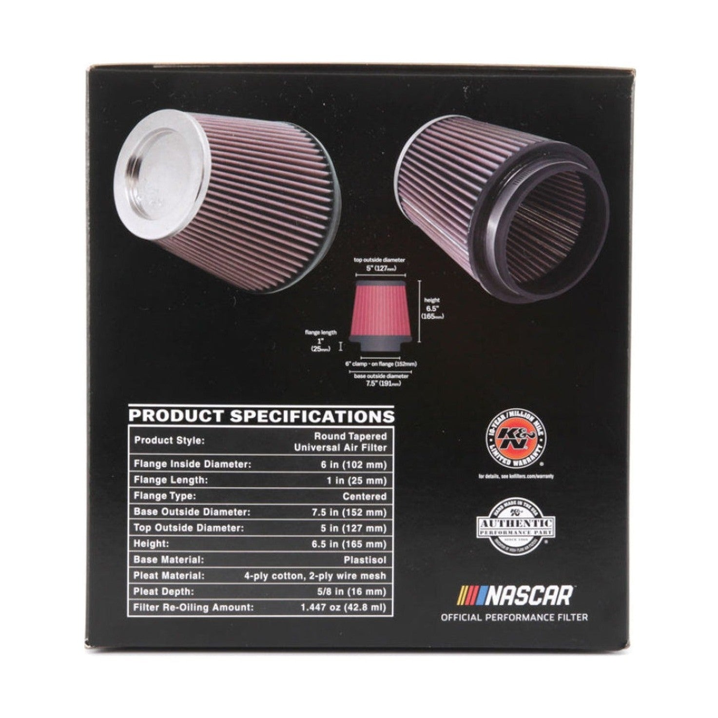 K&N Engineering K&N Round Tapered Universal Air Filter 6in Flange ID x 7.5in Base OD x 5in Top OD x 6.5in Height
