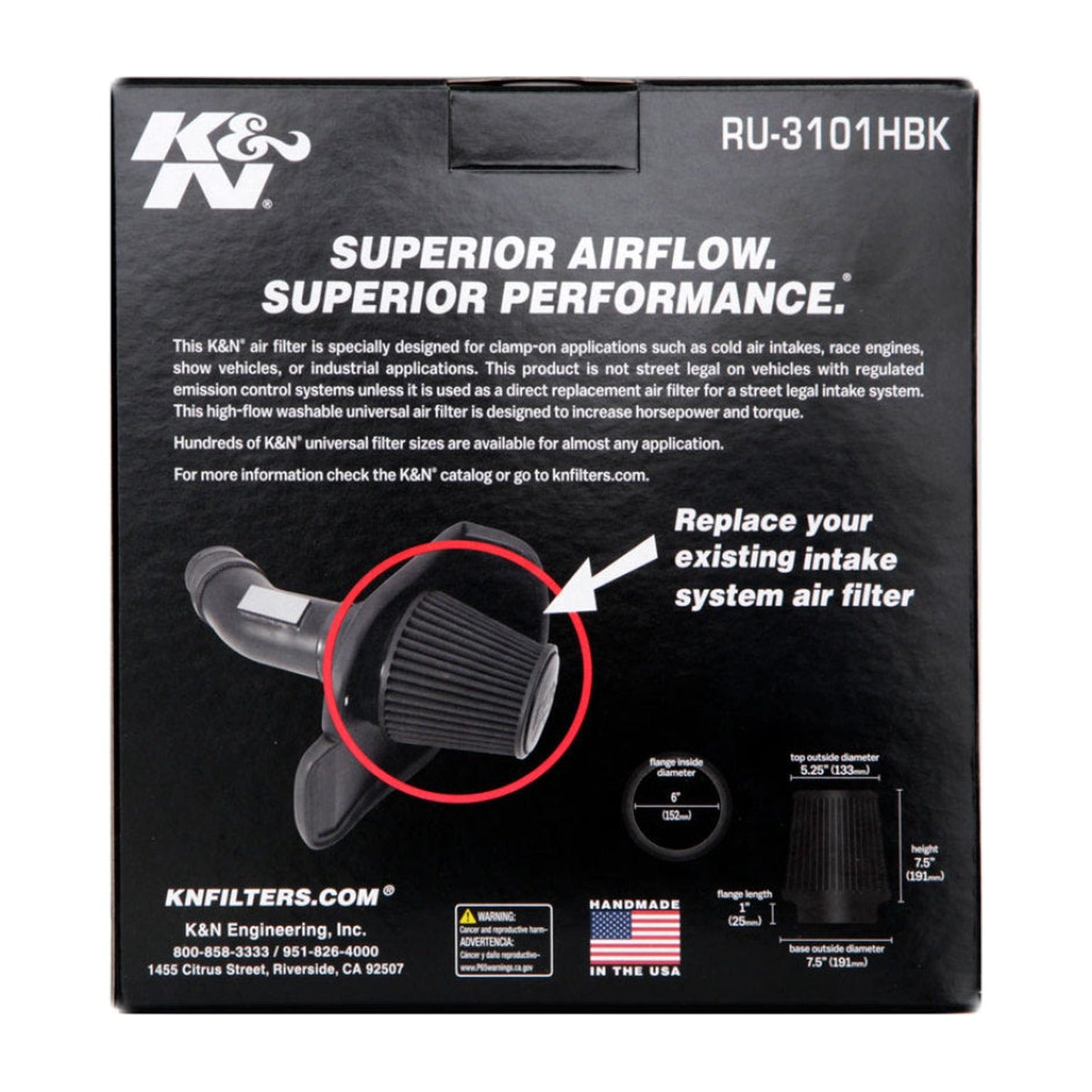K&N Engineering K&N Universal Rubber Filter Round Tapered 6in Flange ID x 7.5in Base OD x 5.25in Top OD x 8in Height