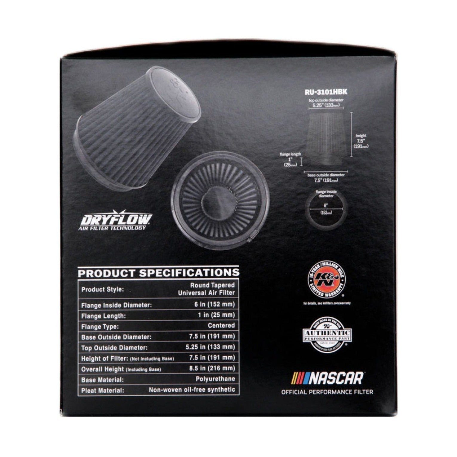 K&N Engineering K&N Universal Rubber Filter Round Tapered 6in Flange ID x 7.5in Base OD x 5.25in Top OD x 8in Height