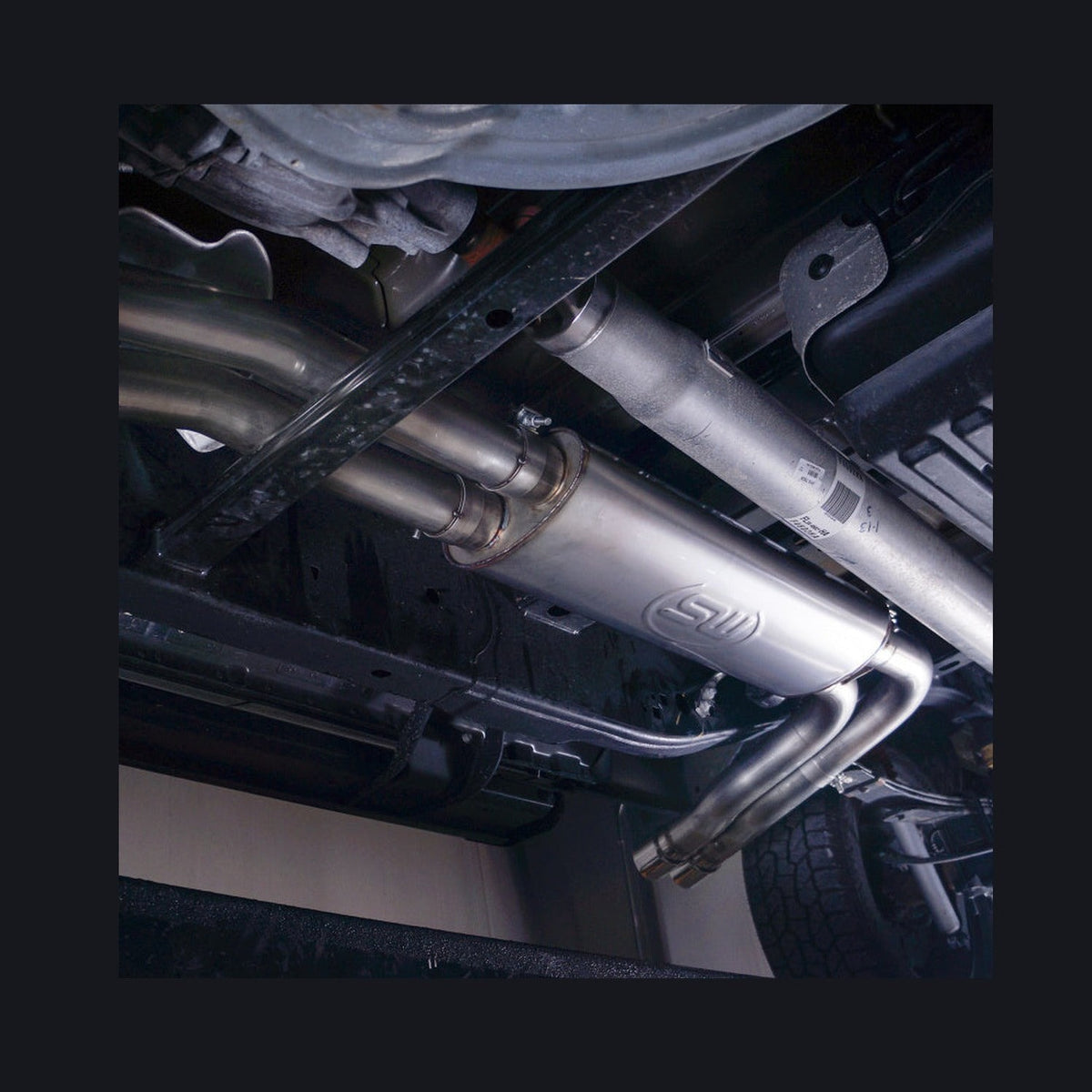 Stainless Works Stainless Works 2015-18 F-150 Exhaust X-Pipe Resonator Muffler Exits In Front Of Passenger Rear Tire, installed