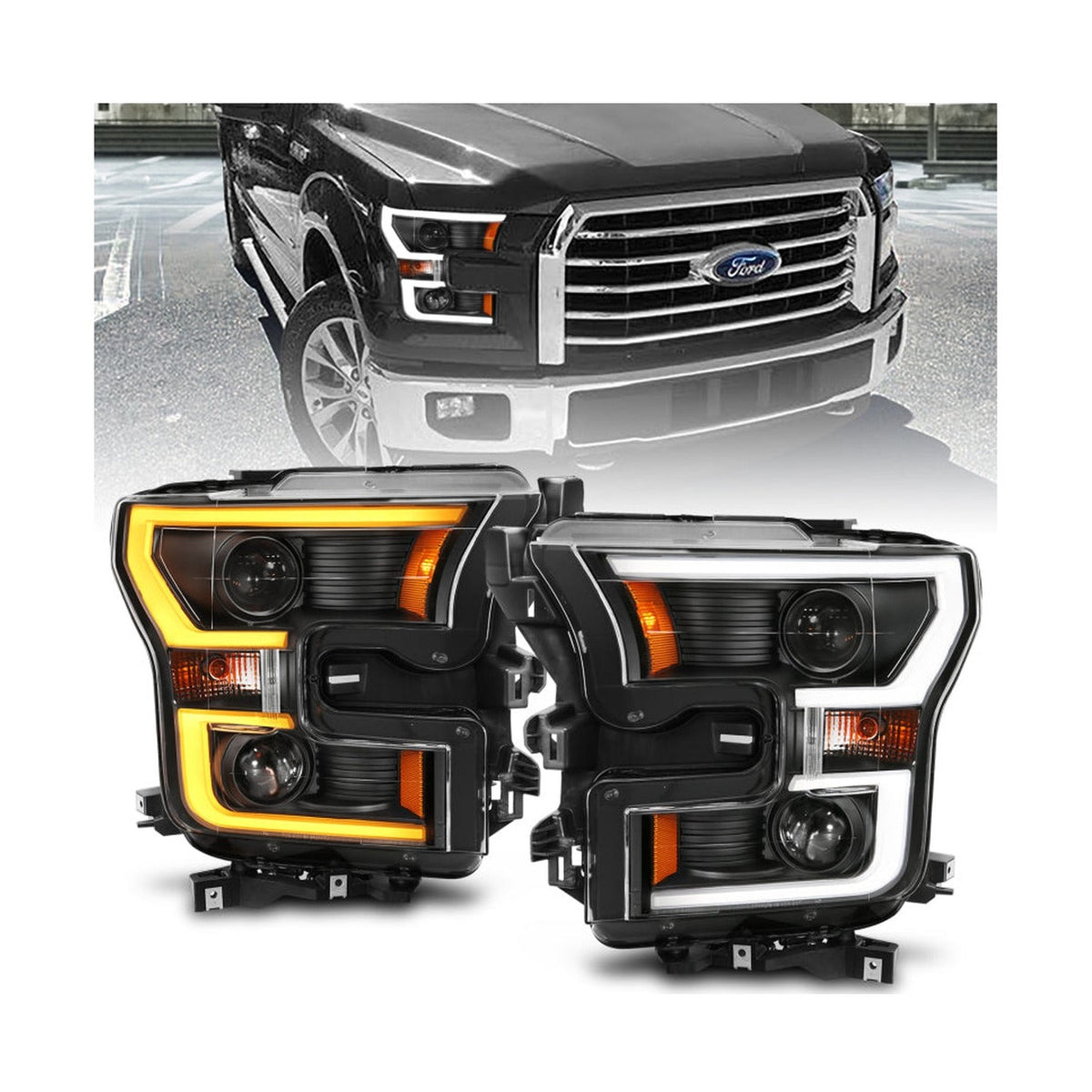 ANZO ANZO 2015-2017 Ford F-150 Projector Headlights w/ Plank Style Switchback Black w/ Amber