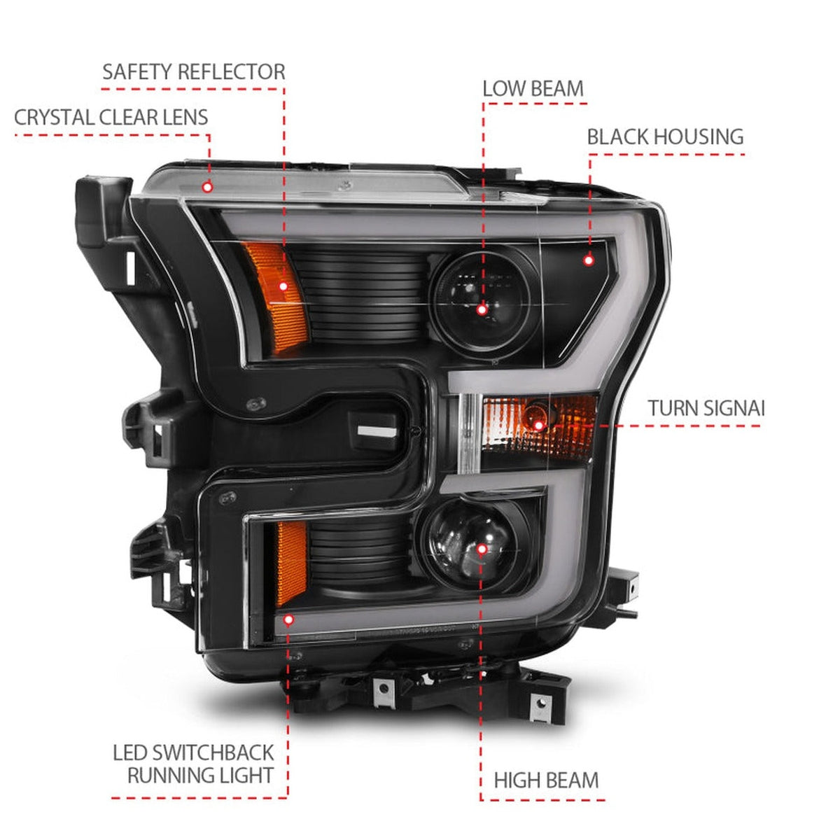 ANZO ANZO 2015-2017 Ford F-150 Projector Headlights w/ Plank Style Switchback Black w/ Amber