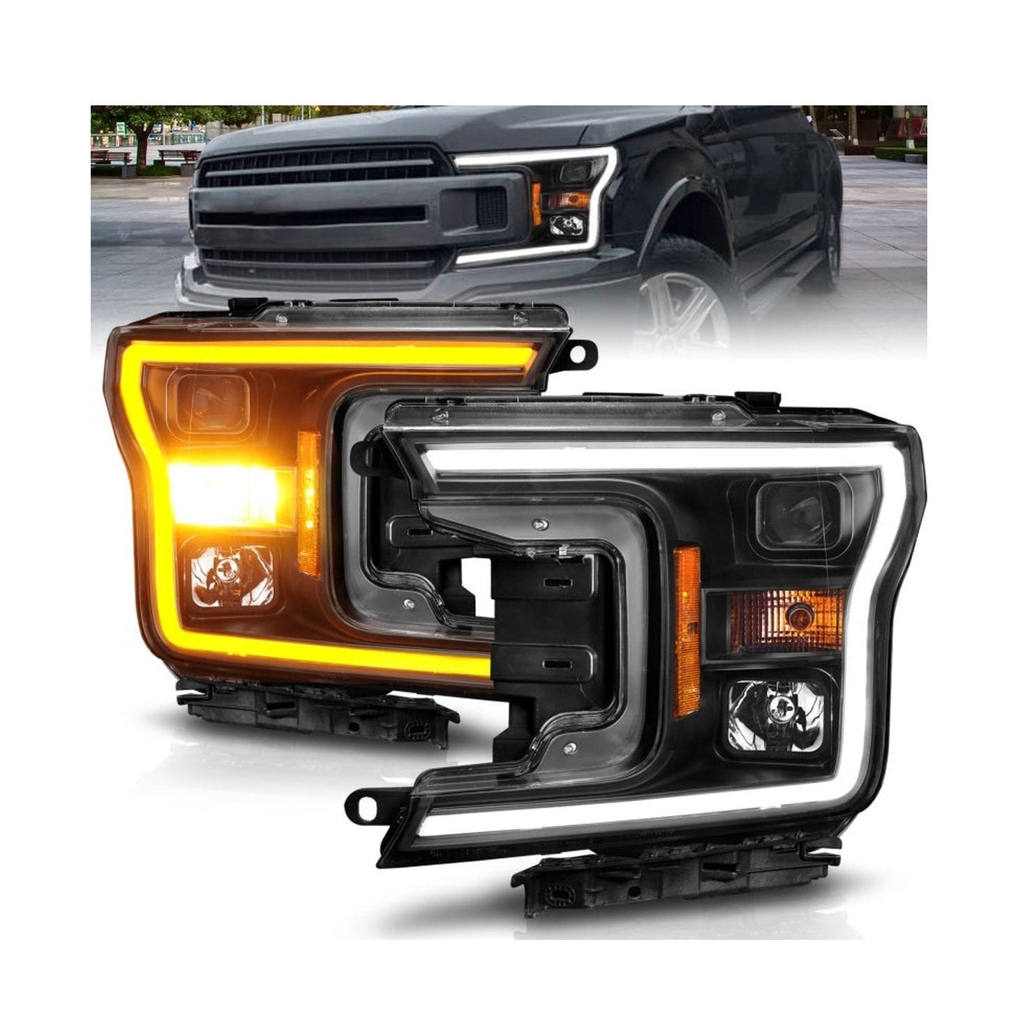 ANZO ANZO 2018-2020 Ford F-150 Projector Headlight w/ Plank Style Switchback Black Housing