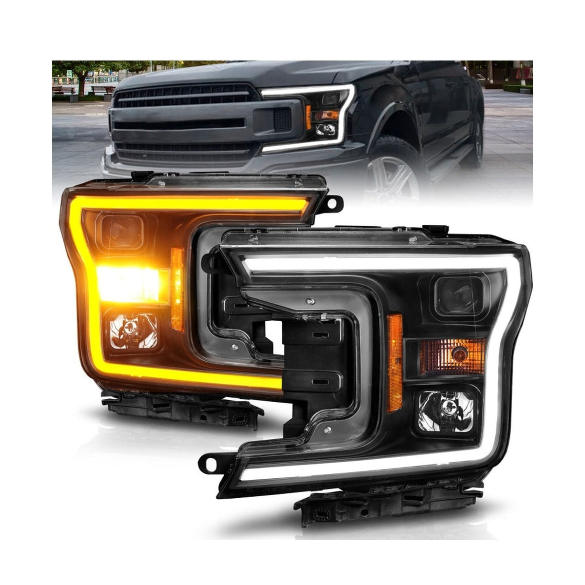 ANZO ANZO 2018-2020 Ford F-150 Projector Headlight w/ Plank Style Switchback Black Housing