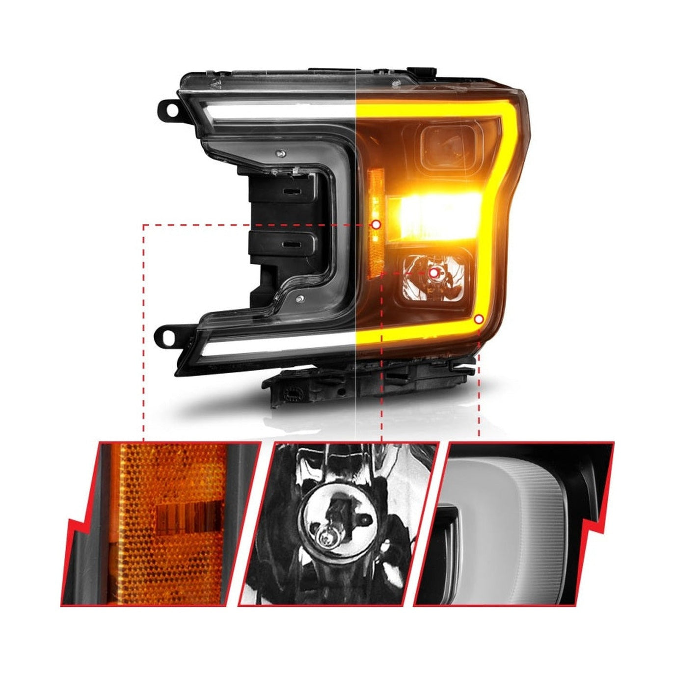 ANZO ANZO 2018-2020 Ford F-150 Projector Headlight w/ Plank Style Switchback Black Housing