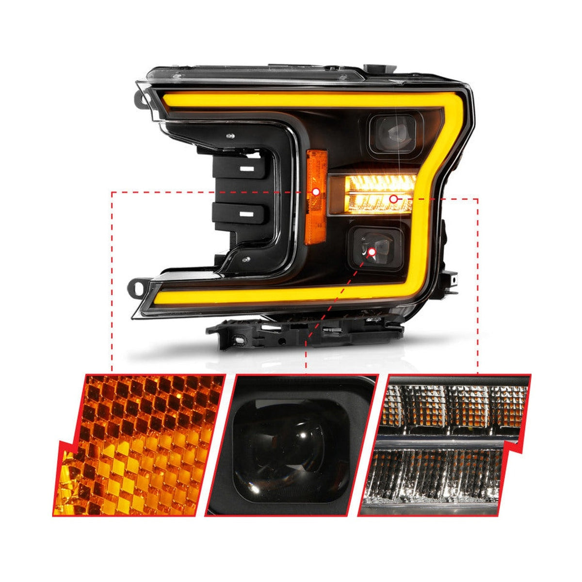 ANZO ANZO 18-20 Ford F-150 (w/o Fctry LED) Full LED Proj Headlights w/Light Bar Swtchbk Seq. Black w/Init