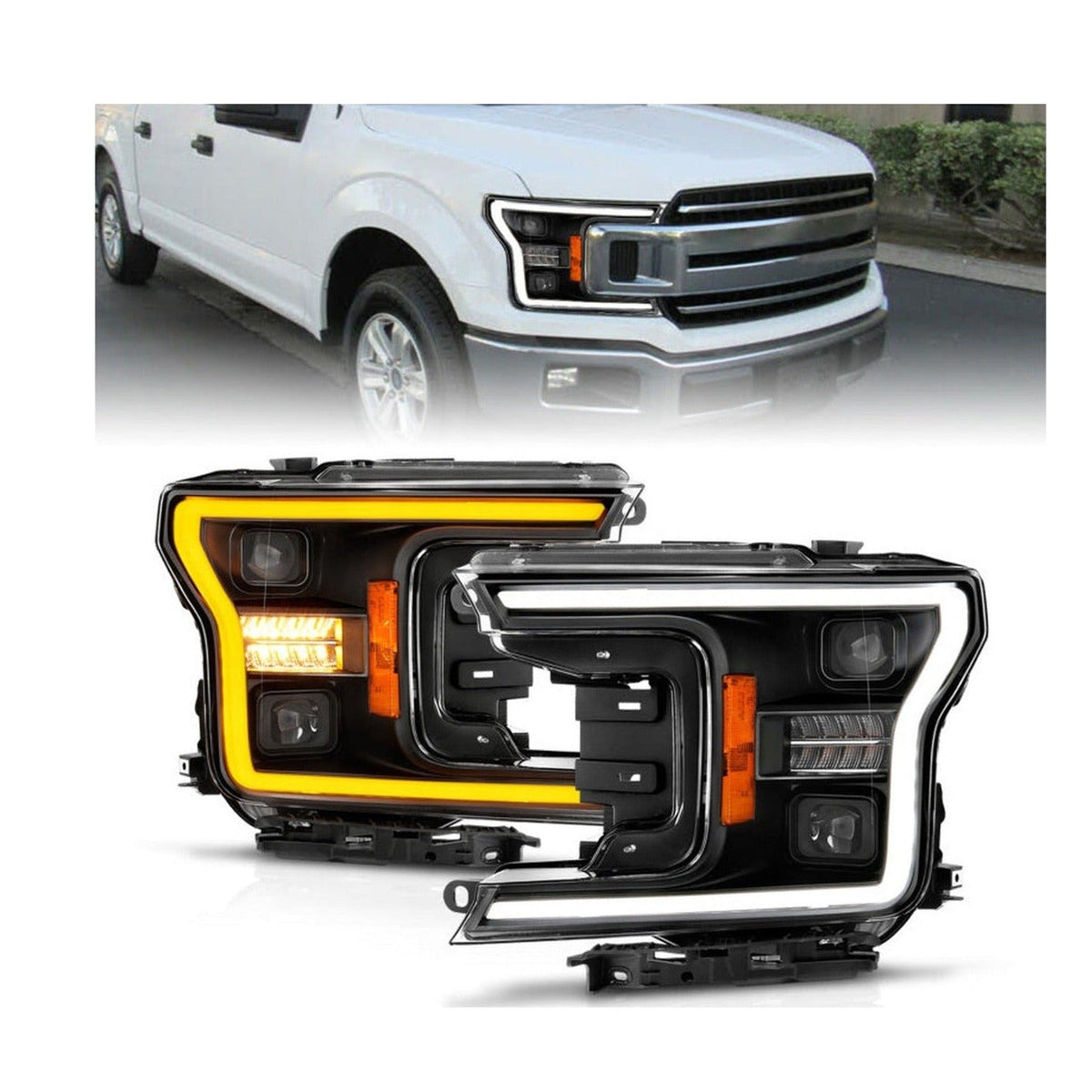 ANZO ANZO 18-20 Ford F-150 (w/o Fctry LED) Full LED Proj Headlights w/Light Bar Swtchbk Seq. Black w/Init