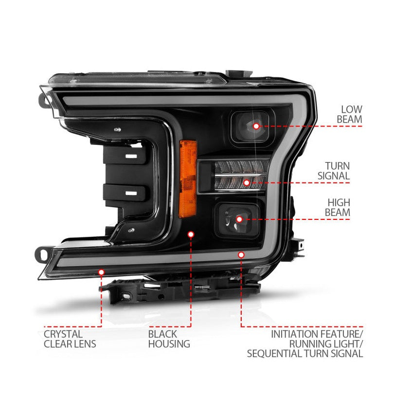 ANZO ANZO 18-20 Ford F-150 (w/o Fctry LED) Full LED Proj Headlights w/Light Bar Swtchbk Seq. Black w/Init