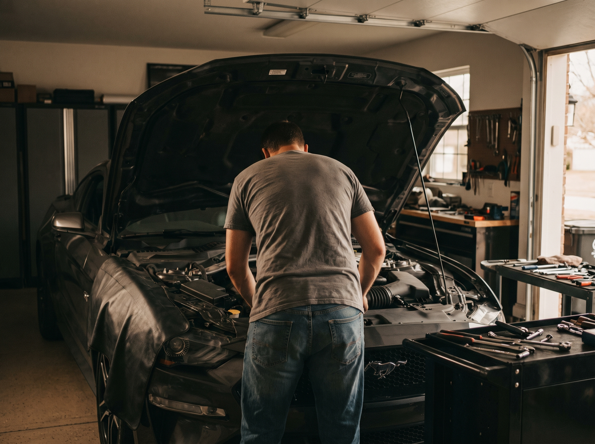 Enthusiast working on a Ford Coyote 5.0 V8 in a garage, seen from behind