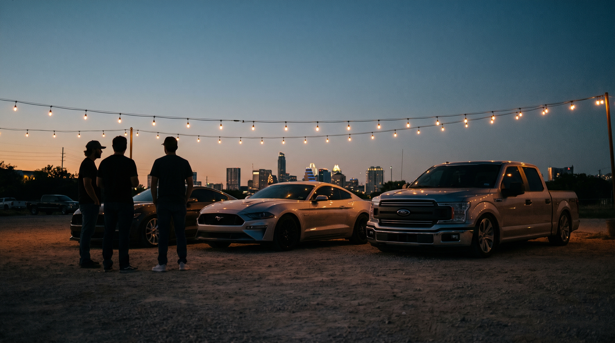 Ford Mustang and F-150 enthusiast car meet at dusk